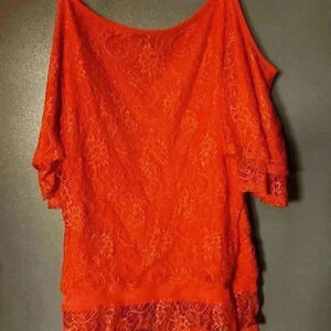 Salmon Colored Lace-Over Blouse Peekaboo Shoulders and Spaghetti Straps